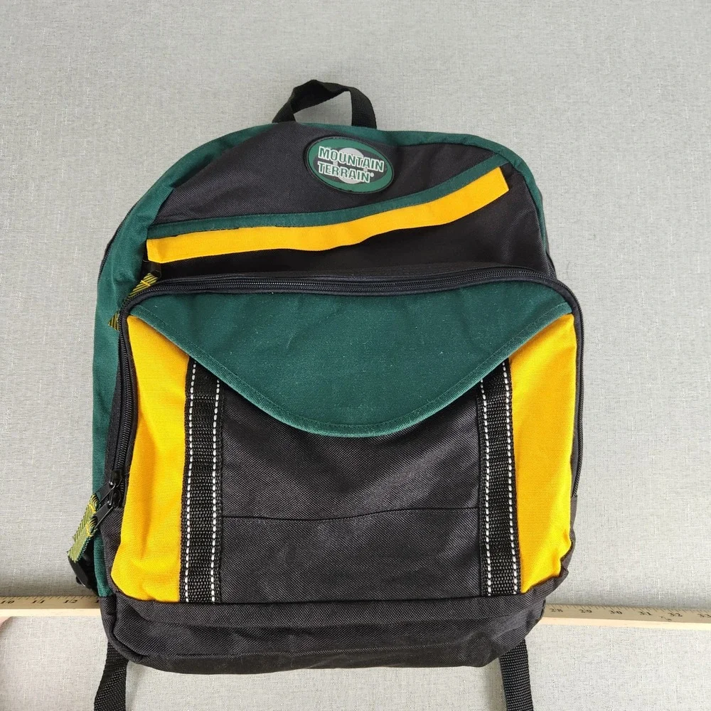 Vintage 90s Mountain Terrain Colorblock Backpack Green Black Yellow Hiking EUC